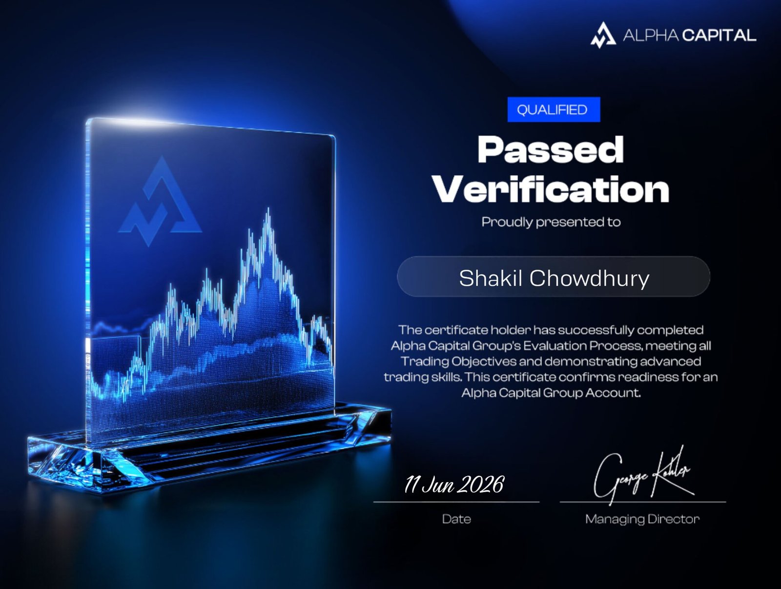 Alpha Capital evaluation certificate awarded to Shakil Mahmud Chowdhury